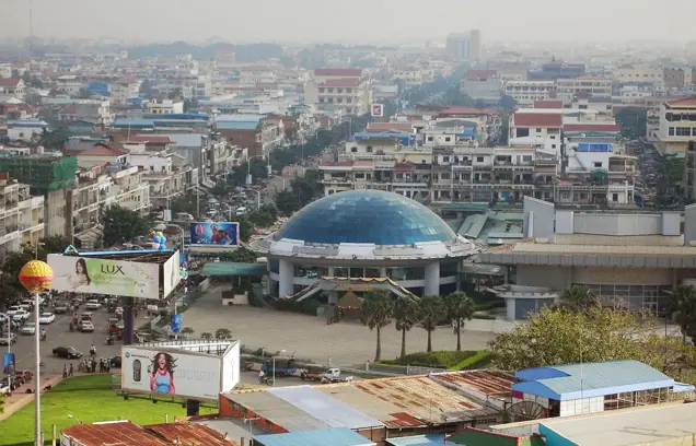 Aerial view of Phnom Penh with the dome of the central market